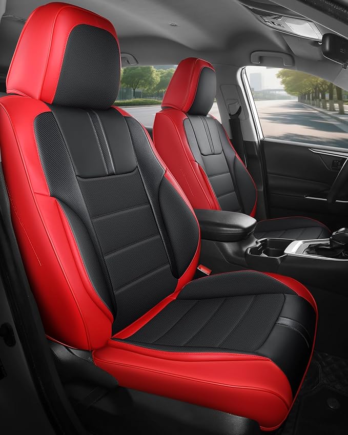FREESOO Red Black Front Car Seat Covers - Faux Nappa Leather Seat Covers for Cars, with Carbon Fiber Texture Seatbelt Pads, I