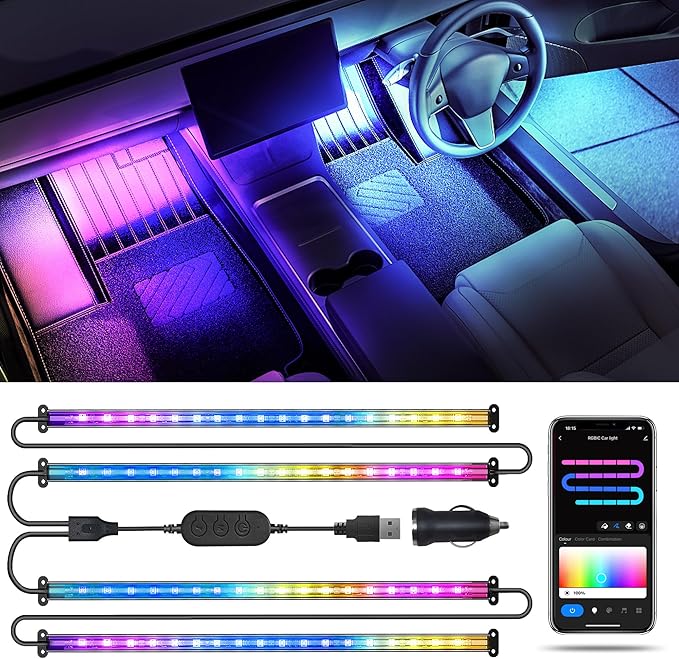 RGB+IC Car LED Lights, Smart 72 LED Car Interior Lights with App Control, 16 Million Colors Under Dash Light with Music Mode, Scene Mode, 2 Lines Design Light for Cars SUVs Trucks with Car Charger