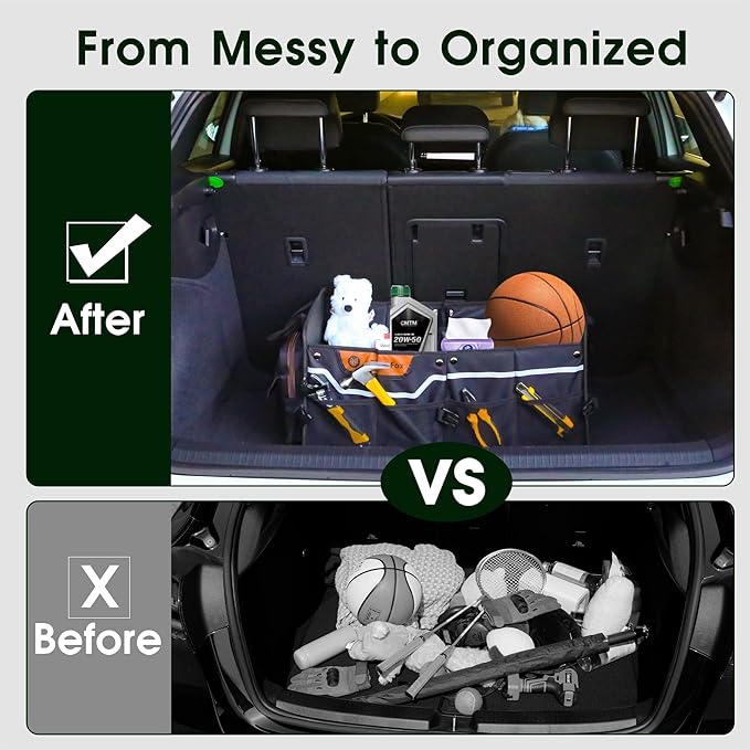 Car Trunk Organizer for SUV, 70L Heavy Duty Waterproof Trunk Organizer, Foldable Vehicle Organizer with Anti-Slip Base, 24x13.
