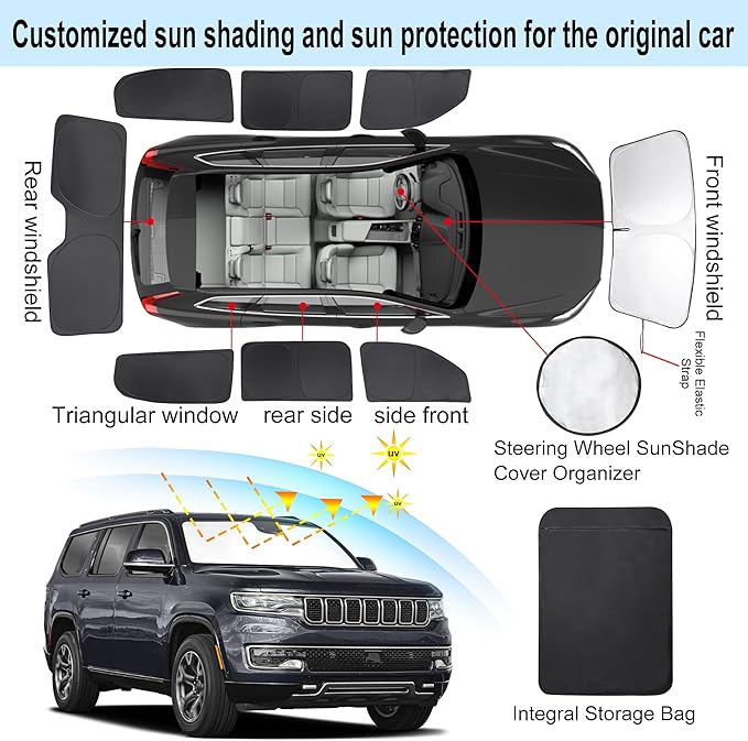 TINGLU Window Shades for Jeep Wagoneer 2022-2024 (NOT for Grand Wagoneer) Accessories Car Side Full Windows Rear Triangular Windshield Sun Shade Sun UV Rays & Privacy Protection for Camping 8PCS