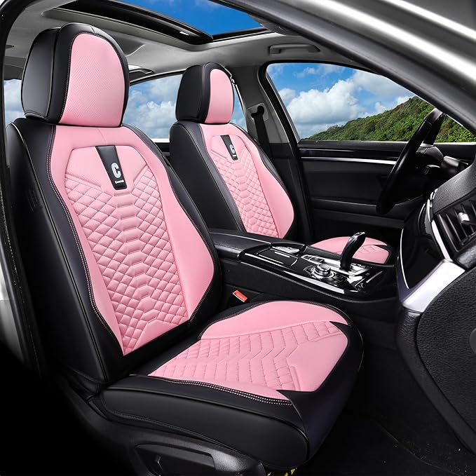 Coverado Front Seat Covers, 2 PCS Pink Seat Cover for Cars, Breathable Fabric& Faux Leather Seat Cover, Driver Seat Cushion, 
