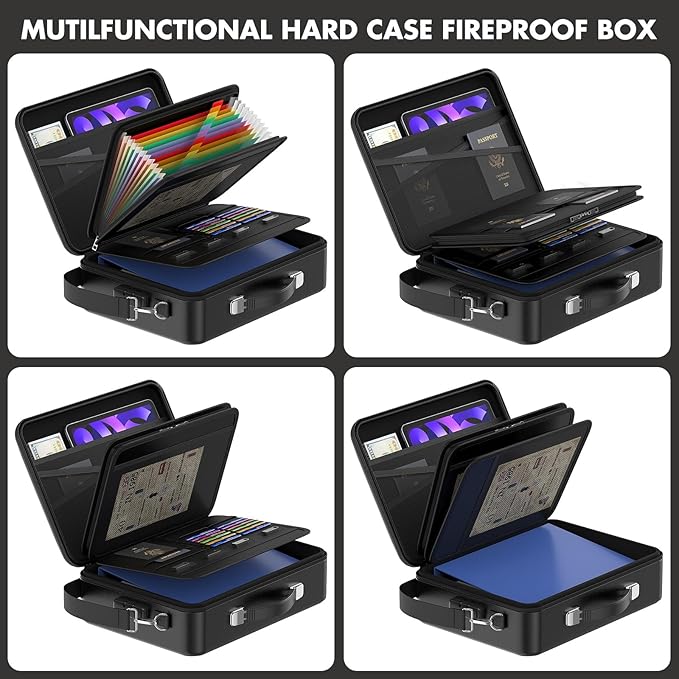 Fireproof Document Box with Lock, Durable Hard Case File Organizer Fire Safe Box, Hard-Shell Design Waterproof Fireproof Safe