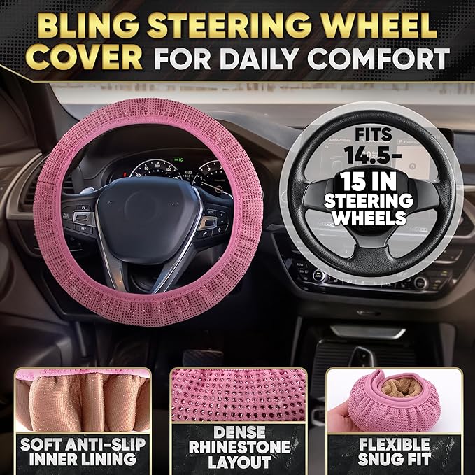 Pink Car Accessories Set, 27 Pieces – Bling Car Accessories for Interior Styling with Rhinestone Details for Daily Use, Universal Fit Kit for Steering Wheel, Vents, Mirror Area, Great Gift for Women