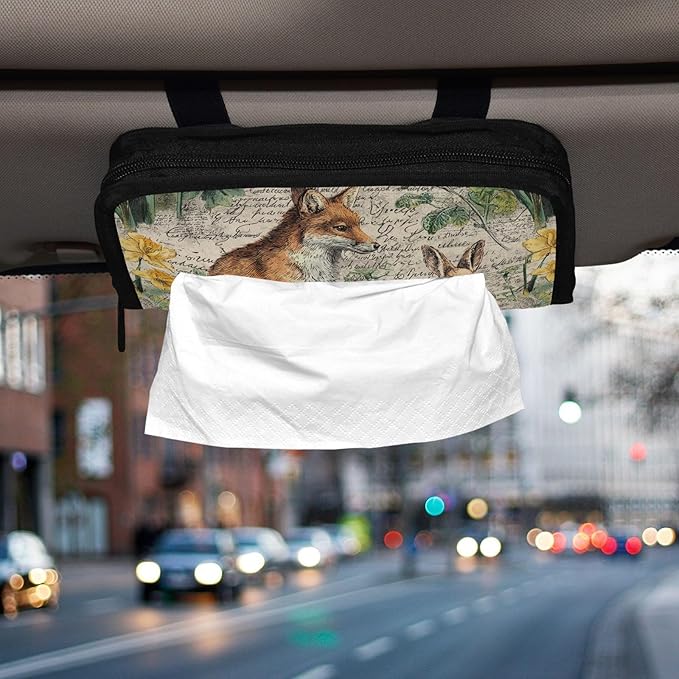 Car Tissue Holder Car Visor Organizer Tissue Box Holder for Car Sun Visor Organizer with Car Vehicle Accessories Essentials Interior for Women Men Beige Bunny Fox Daffodils