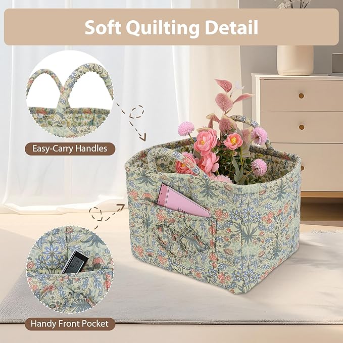 Storage Basket Boho Fabric Large Collapsible Floral Laundry Nursery Hamper Portable Folding Storage for Clothes Toys (Light G