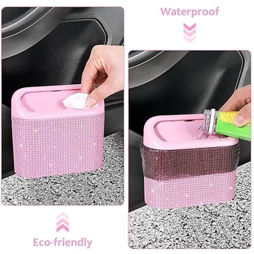 Accmor Bling Pink Car Trash Can with Lid, Mini Auto Garbage Storage Bin with 60 Trash Bags, Small Car Garbage Container Bin, Sparkling Crystal Vehicle Dustbin for Front Back Seat Accessories for Cars