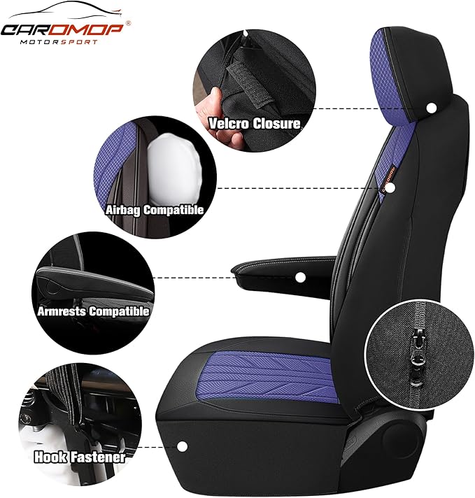 CAROMOP Luxury Faux Leather&Fabric Car Seat Covers Full Set with Breathable 3D Foam Back Support,Universal Comfortable Seat C