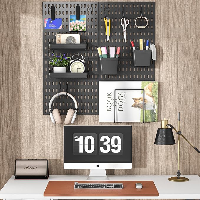 AKTOP Peg Board Wall Organizer 4-Pack – 12"x12" Black Pegboard Combination Kit with 13 Accessories for Wall, Plastic Peg Boar