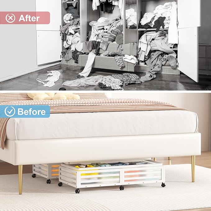 Under Bed Storage with Wheels-Large Bamboo Underbed storage Containers with Large Dust Bag Stackable Under the Bed Shoe Stora