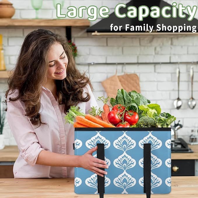 Reusable Grocery Bags Heavy Duty Shopping Bags Foldable Large Tote Bags with Long Handles & Hard Bottom