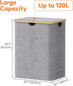 Lifewit 120L Laundry Basket with Lid, Clothes Hampers for Laundry with Bamboo Handles and 1 Removable Bag, Large Foldable Lau