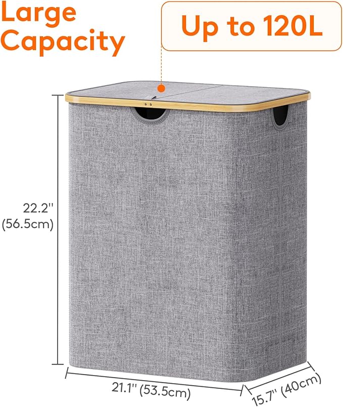 Lifewit 120L Laundry Basket with Lid, Clothes Hampers for Laundry with Bamboo Handles and 1 Removable Bag, Large Foldable Lau