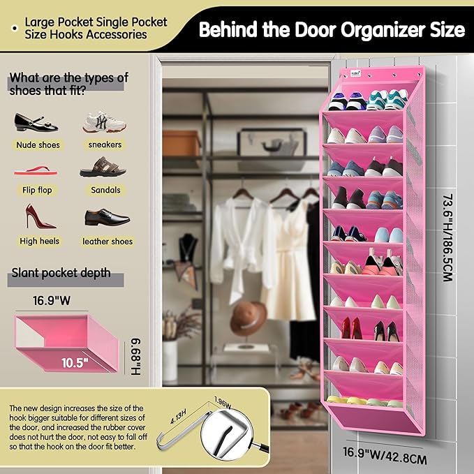 Kotkn 10 Tier Over The Door Organizer - Heavy Duty Hanging Storage Rack with Sturdy Oxford Fabric, Holds 20+ Pairs of Footwea