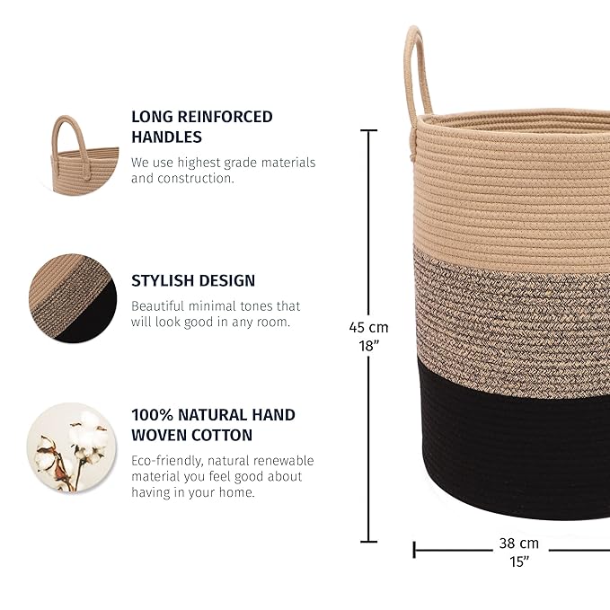 OrganiHaus Large Brown Woven Laundry Basket w/Handles 52L, Rope Dirty Clothes Hamper, Blanket Basket for Living Room, Baby La