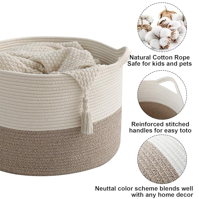 65L Large Woven Cotton Rope Blanket Basket with Handles, Laundry Hamper Storage Bin for Pillows, Clothes, Bedroom and Living 