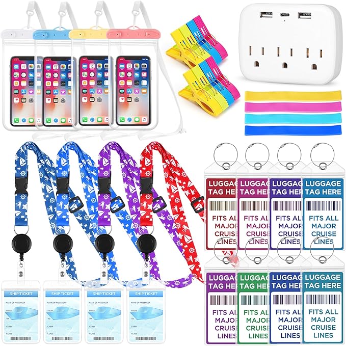 Cruise Ship Essentials Kit Include Cruise Luggage Tags Holder, Cruise Lanyards, Cruise Power Strip, Towel Bands and Clips, Wa
