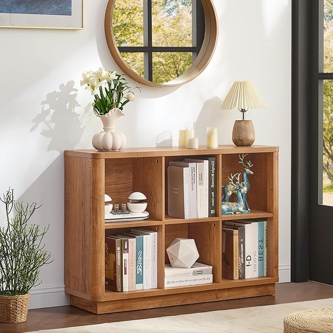 Joaxswe 6 Cube Storage Book Shelf, 40" Wide Low Horizontal Bookcase with Curved Edge, Floor Standing 2-Tier Wooden Bookshelf 