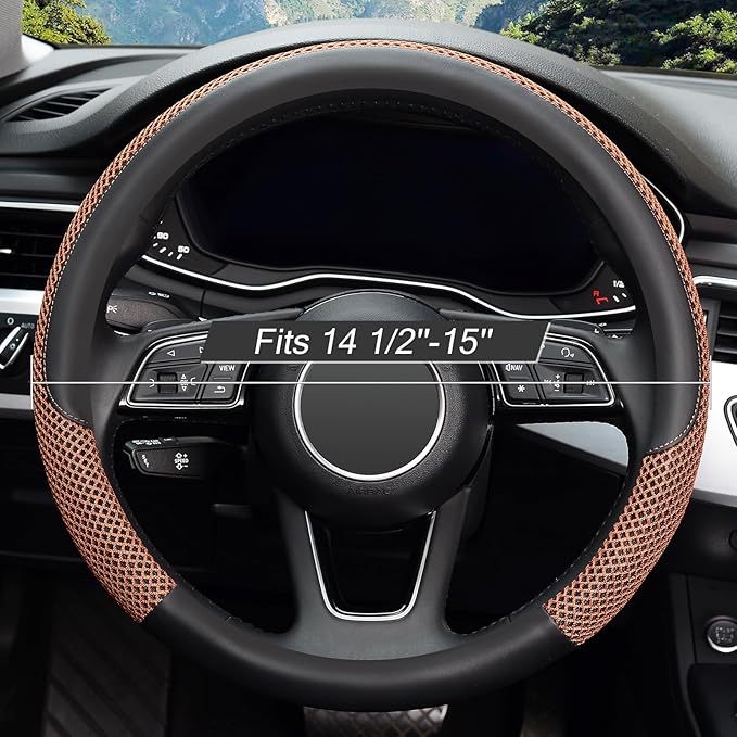 KAFEEK Steering Wheel Cover, Universal 15 inch, Microfiber Leather Viscose, Breathable, Anti-Slip,Warm in Winter and Cool in 
