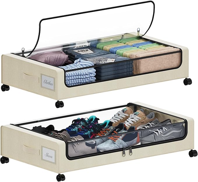Under Bed Storage with Wheels, XXL 60L Under the Bed Storage Bins, Underbed Storage Containers with Lids & Label, Rolling Met