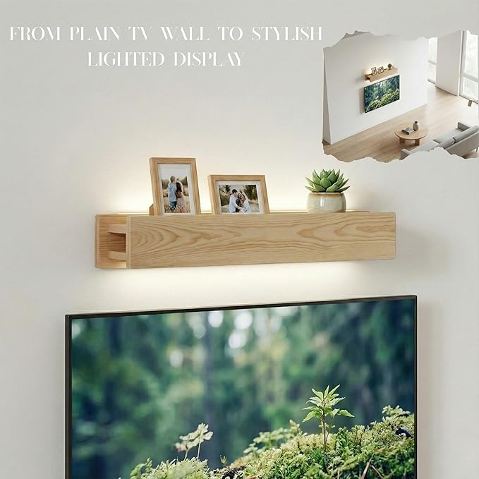 24" Natural Wood LED Floating Shelf, Heavy Duty Solid Pine Decorative Wall Mounted Shelf with Soft Ambient Lights, Minimalist