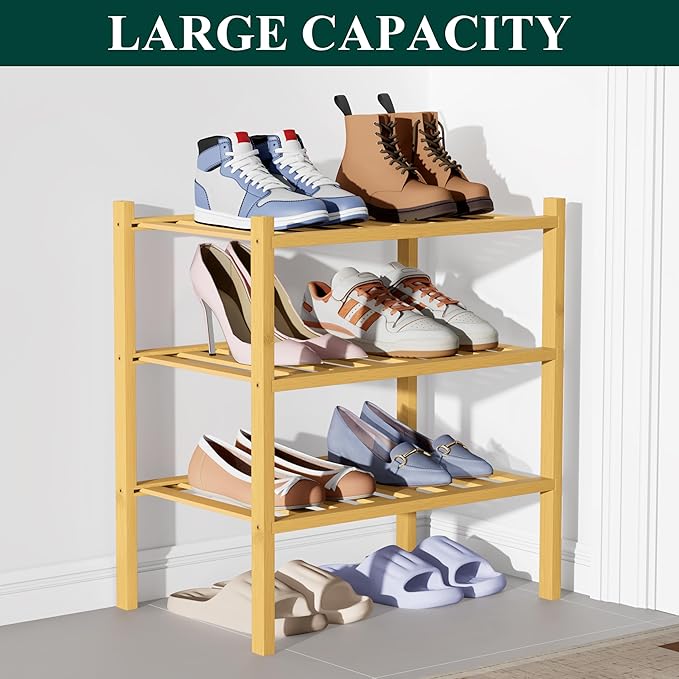 Smiry Bamboo Shoe Rack for Closet, 3 Tier Small Wooden Stackable Shoe Organizer, Free Standing Shoes Storage Shelf for Entryw
