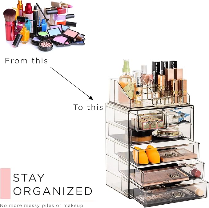 Sorbus Acrylic Makeup Organizer Set, 6-Drawer Vanity & Countertop Cosmetic Storage with Small & Wide Compartments, Black-Tint