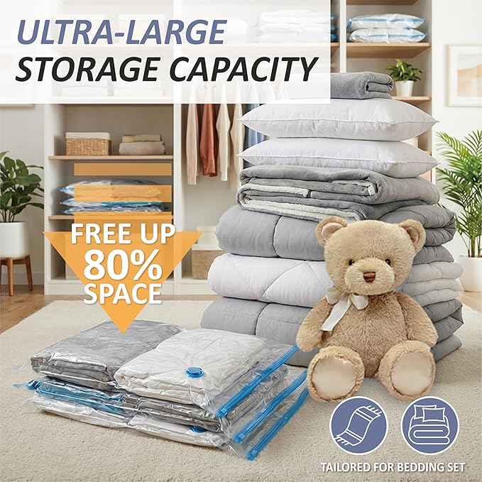 Cozy Essential Vacuum Storage Bags, 80% Compression Vacuum Seal Space Saver Plastic Packaging Bags for Clothes, Blankets, Pil