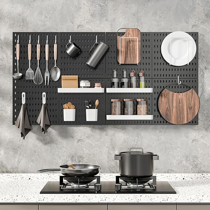 MULSAME Pegboard Combination Kit, Wall Mounted Storage Set with 4 Pegboards & 14 Accessories Hanging, Black Peg Boards Organi