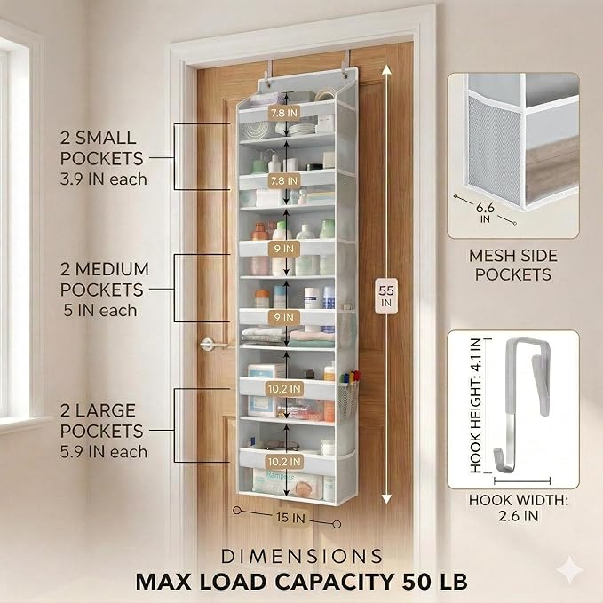 HOMELUX THEORY UPGRADED 6 Tiers Over The Door Organizer Hanging - 100D EXTRA THICK & 50lbs HUGE CAPACITY, 12 Side Mesh Pocket
