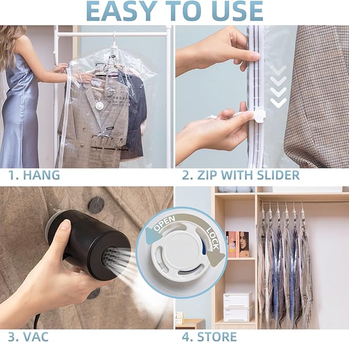 Hanging Vacuum Storage Bags with Electric Pump, 4 Pack (53 x27.5 inch), Vacuum Seal Bags for Clothing, Garment Storage for Sh
