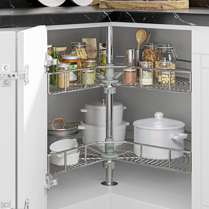 YITAHOME 31" Lazy Susan Turntable with Chrome Pie-Cut Design, 270° Chrome Corner Organizer with 2 Shelves and Adjustable Heig