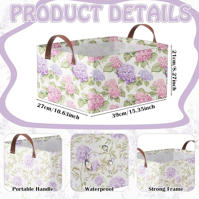 Boao 3 Pcs Purple Floral Storage Bin Wildflowers Collapsible Large Storage Baskets for Gifts Canvas Laundry Basket Foldable B
