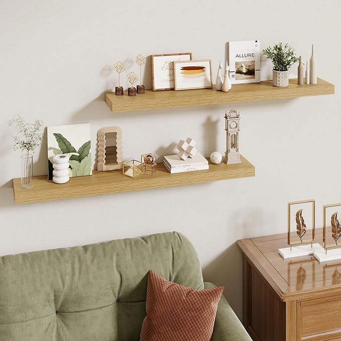 40 Inch Floating Shelves | 6.5 Inch Deep Oak Floating Shelves Set of 2 | 40" W x 6.5" D Rustic Oak Shelves with Invisible Bra