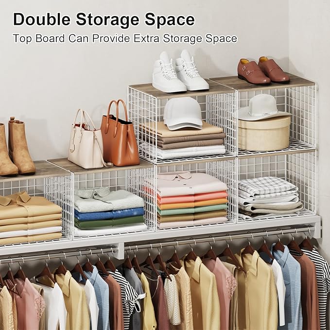 Closet Organizers And Storage Shelf, 3Pack Stackable Closet Storage Bin Basket For Clothes Sweaters With Top Board, Widened O