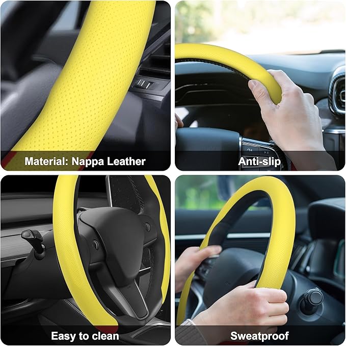 Frani Nappa Leather Steering Wheel Cover,Universal Fit 15 Inch-Premium Non-Slip Breathable Comfort Grip for Cars Trucks SUVs,Anti-Slip Durable Interior Upgrade Lemon Yellow
