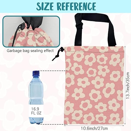 Car Garbage Bag Vintage Pink Groovy Flowers Drawstring Car Trash Bag Hanging for Back Seat with Adjustable Buckle Canvas Vehicle Trash Can Easy-to-Install