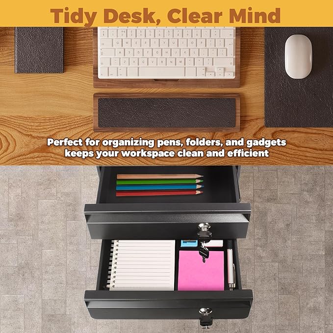 14.17" D Double Under Desk Drawer,Under Desk Pull out Storage Organizer with Lock and Keys,Adjustable Height, Metal Storage D