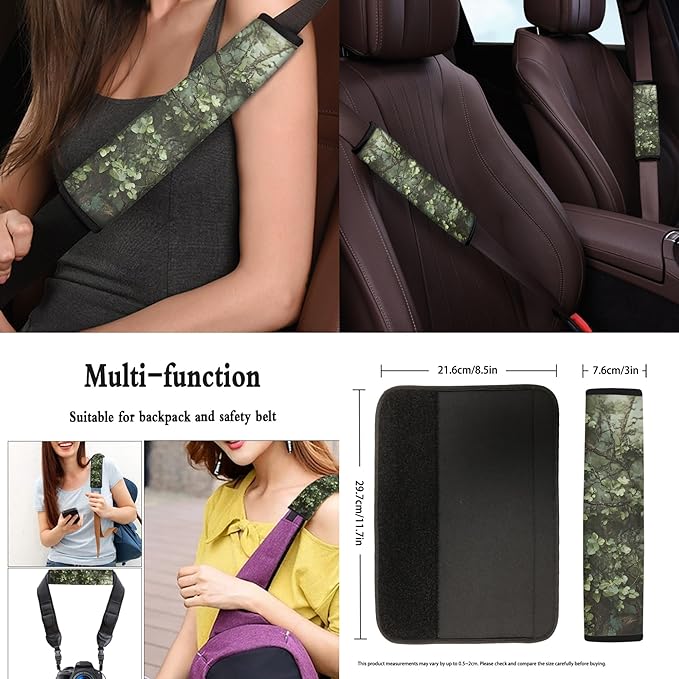 Green Camo Hunting 13 Piece Car Seat Cover Set with Steering Wheel Cover Seatbelt Strap Pad Armrest Pad Cup Coasters Key Chain Automobile Interior Sets Fit for Van Truck SUV Sedan