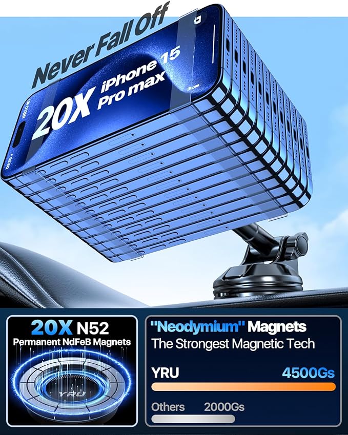 YRU Upgraded Magnetic Phone Holder Car【Patented & Super Magnet】 for MagSafe Mount Dashboard Windshield Vent Magnet Phone Cradle Stand for iPhone 17 16 15 14 13 12 Pro Max Samsung Truck, Black