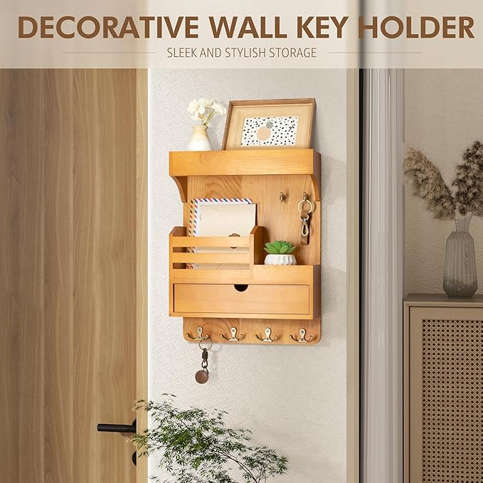 Modern Farmhouse Key Holder Wall Mount with Drawer Organizer – Pine Wooden Mail and Key Organizer with 6 Durable Hooks & Floa