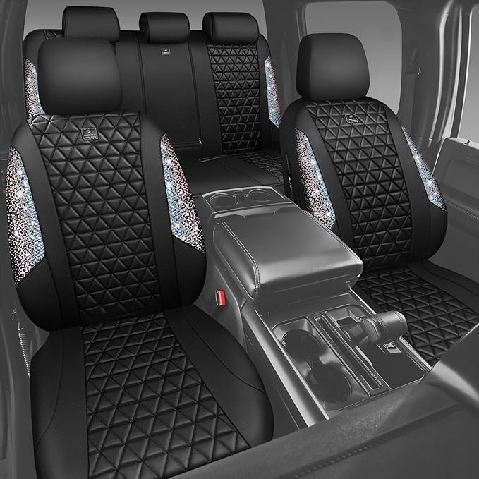 CAR PASS Bling Diamond Leather Car Seat Covers Full Seats Interior Sets, Waterproof Shining Glitter Sparkly Crystal Universal