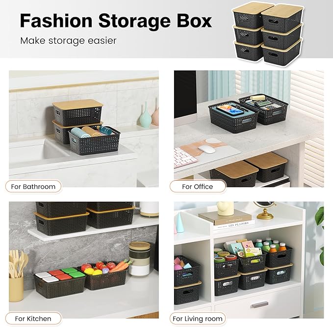 Ohmlove Plastic Storage Baskets With Bamboo Lid - Plastic Storage Containers Stackable Storage bins: Storage Baskets for Orga