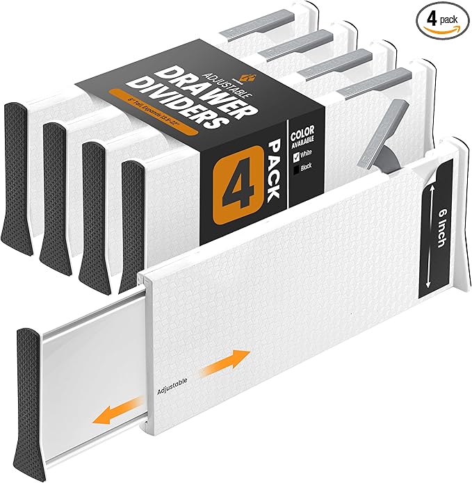 RAPTUROUS Adjustable Deep Drawer Divider – 6" Tall, Expandable 13-22", 4-Pack, Non-Slip Drawer Dividers for Clothes, Dresser,