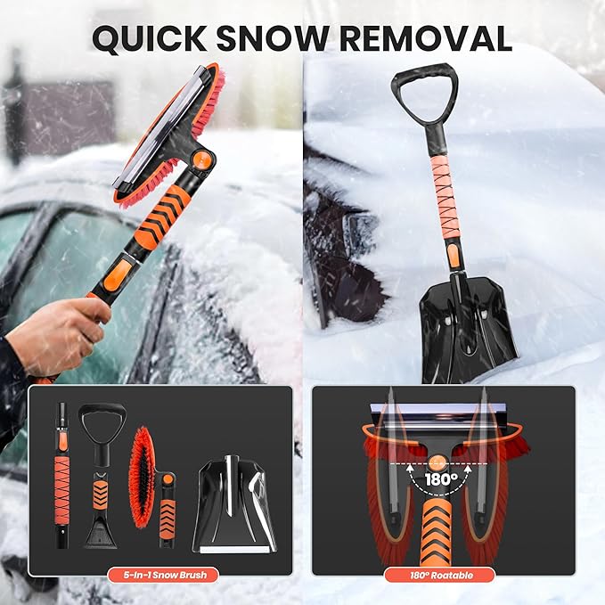 SINTIKI 43" Ice Scrapers for Car Windshield and Snow Shovel Kit, Extendable Snow Brush for Truck with EVA Grip, 180° Pivoting Brush Head Detachable Snow Scraper for Car, SUV, Truck Auto