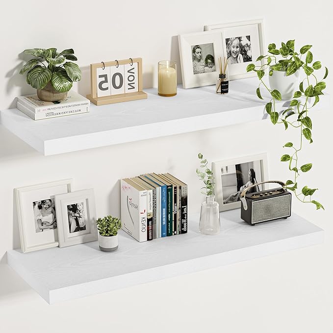 Vivelove White Floating Shelves 12 Inches Deep, [Wood Grain Texture] 36x12 Floating Shelves for Wall with Invisible Brackets,