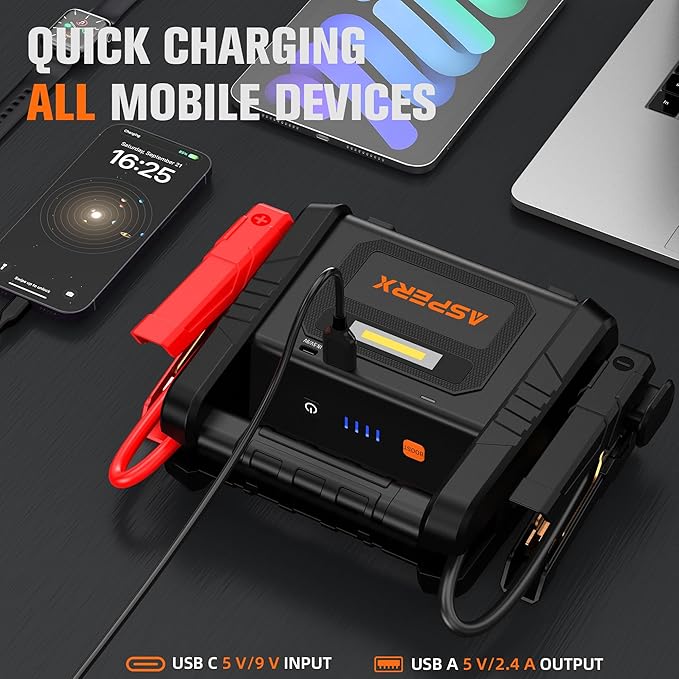 AsperX 6000A Car Jump Starter, Battery Jumper Starter Portable for 12V Vehicles (for All Gas or up to 12L Diesel) - Car