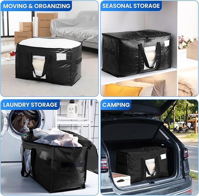 TAILI Extra Large Moving Bags, 4 Pack Black Heavy Duty Totes For Storage with Visible Window, Wrap Around Handles, Storage Ba