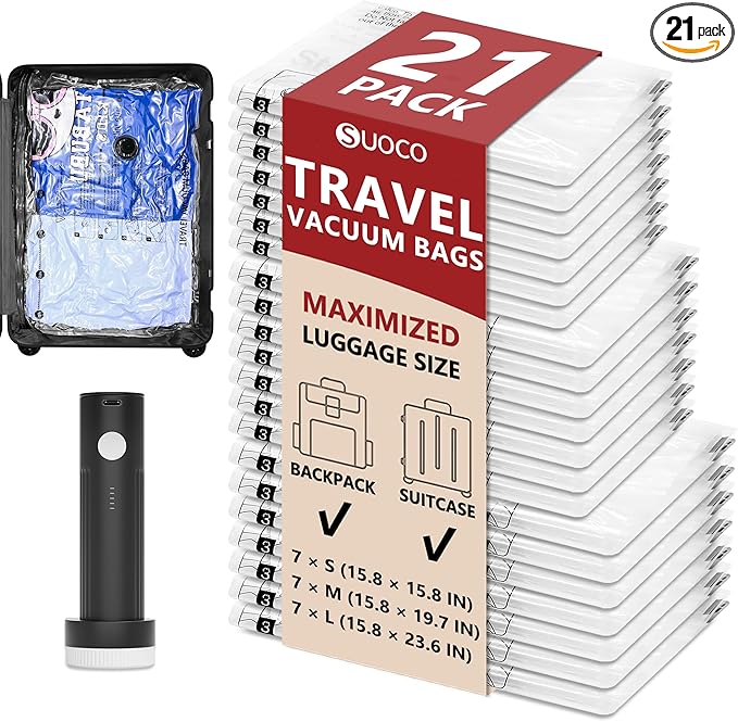 Travel Vacuum Bags for Clothing with Rechargeable Electric Pump, Compression Packing Cubes Organizer Storage for Luggage Suit