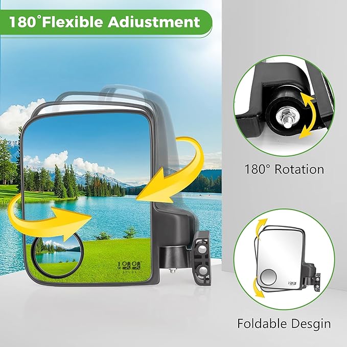 10L0L Golf Cart Mirror Universal for Yamaha, Club Car, EZGO, No Drilling Extra Large Side Rear View with Blind Spot Mirror Folding Adjustable 180 Degree
