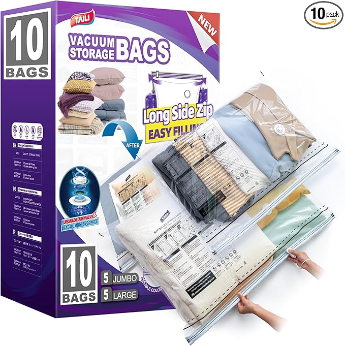 TAILI 10 Pack Vacuum Storage Bags, LONG SIDE ZIP (5 Large+5 Jumbo), Multi-Size Vacuum Seal Bags for Clothing, Storage Bulky B